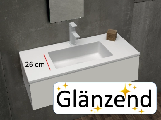 Plan vasque lavabo, sur mesure, Largeur 70 à 200 cm x Profondeur 40 à 80 cm, résine composite de haute qualité, Finition lisse blanc BRILLANT laqué ou mate, Livraison Offerte.